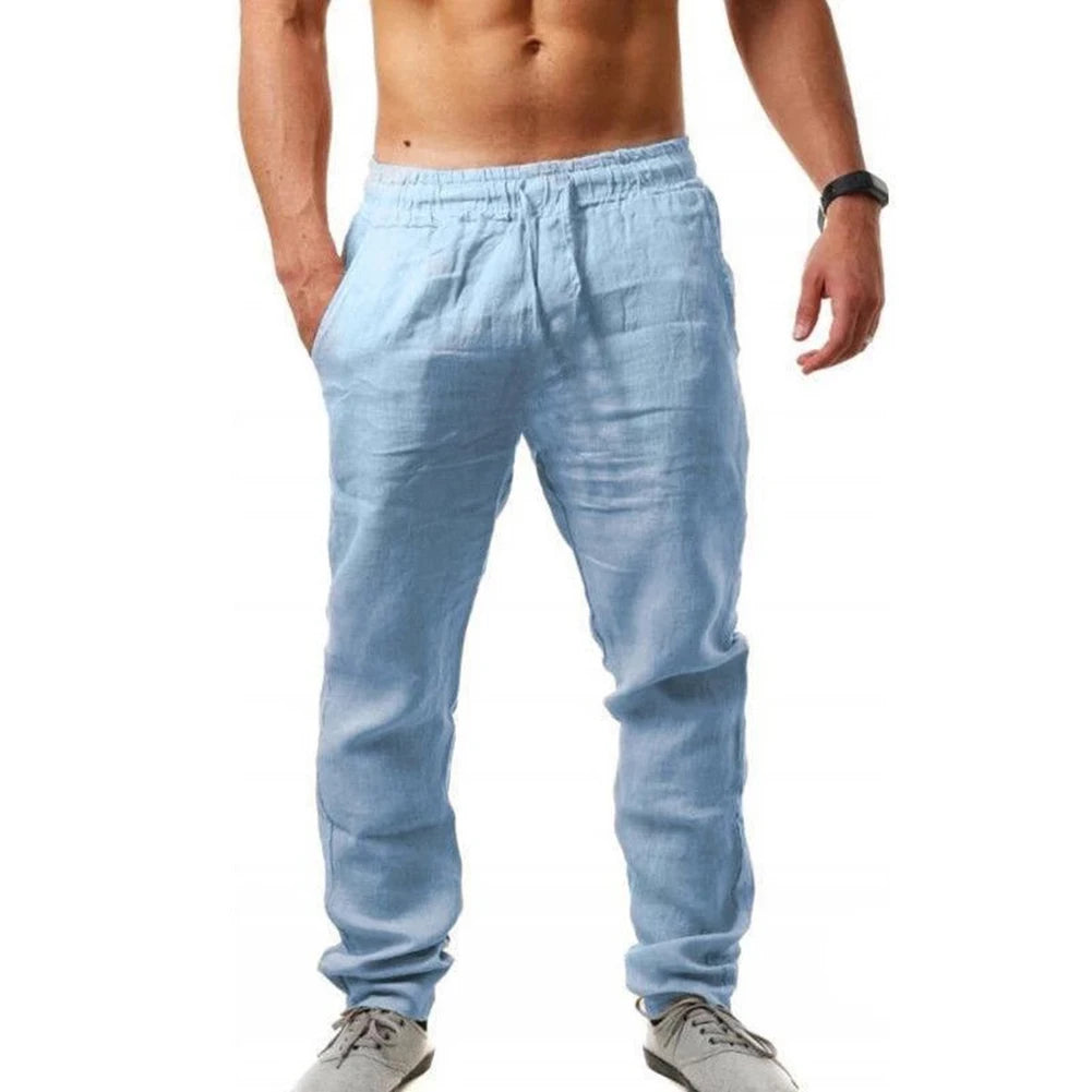 Hot Men Cotton Linen Trousers Solid Color Elastic Waist Loose Long Trousers Men's Hip-hop Breathable Casual Pants Pantalones